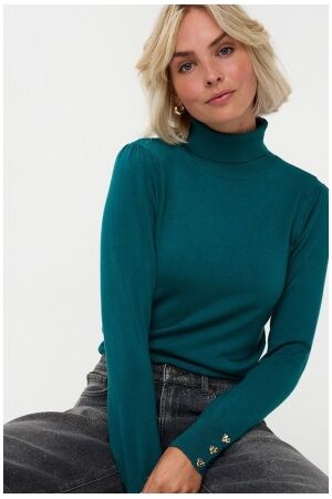 EsQualo Sweater col buttoned cuff basic knit 665 teal EsQualo Sweater col buttoned cuff basic knit 665 teal